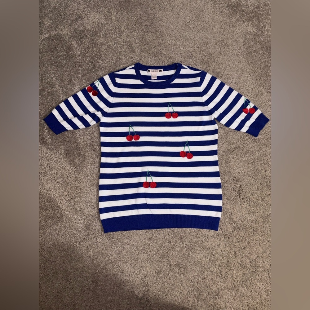 Madison top blue and white striped three quarter sleeves and embroidered cherry